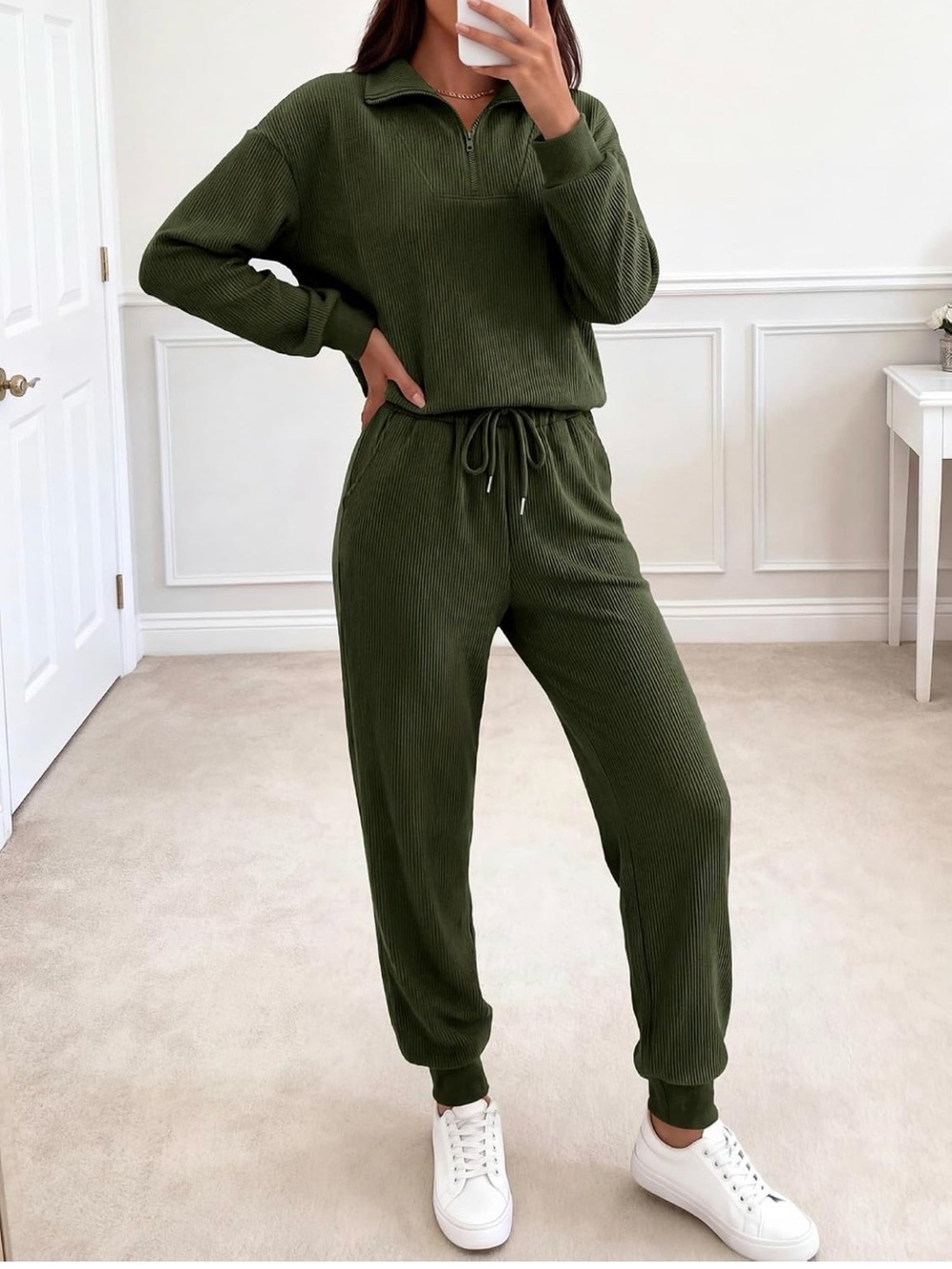 Olive Ribbed Zip-Neck Jumpsuit - Picture 2 of 6